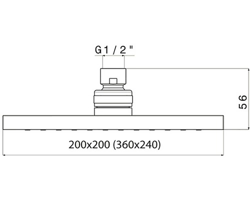 Technický nákres sprchové hlavice o rozměrech 200 x 200 (360 x 240) a s přípojkou G 1/2 palce.
