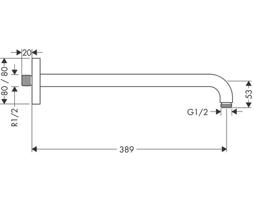 Rozměrový výkres sprchového ramene s rozměry