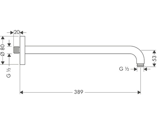 Technický nákres nástěnného výtoku s rozměry