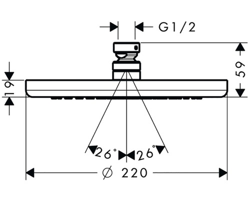 Technický výkres sprchové hlavice s rozměry