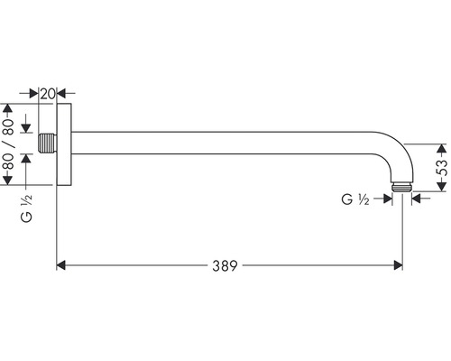 Technický nákres nástěnného výtoku s rozměry