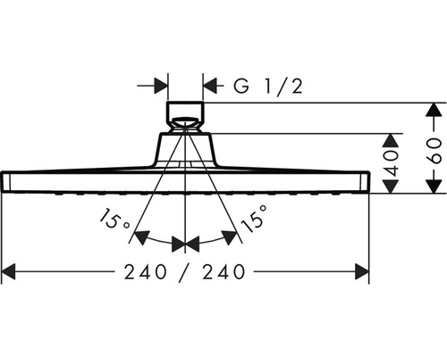 Technický nákres sprchové hlavice s rozměry