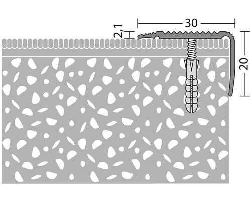 Zobrazení profilu hrany schodu se šroubem a hmoždinkou pro montáž na schodiště.