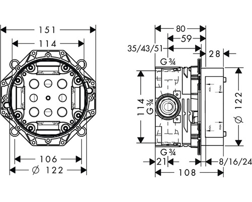 Technický nákres podomítkového tělesa s rozměry