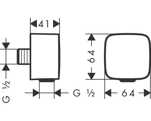 Technický nákres rohového ventilu s rozměry.