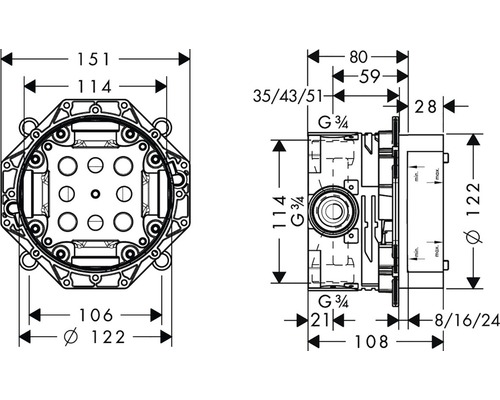 Technický výkres podomítkového tělesa s rozměry