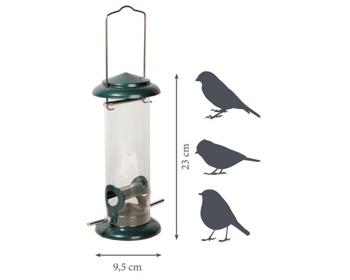 Zásobník na krmivo pro ptáky o rozměrech 23 krát 9,5 centimetrů.
