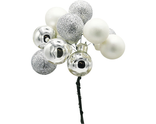 Dekorativní větve s vánočními koulemi s bílými a stříbrnými koulemi