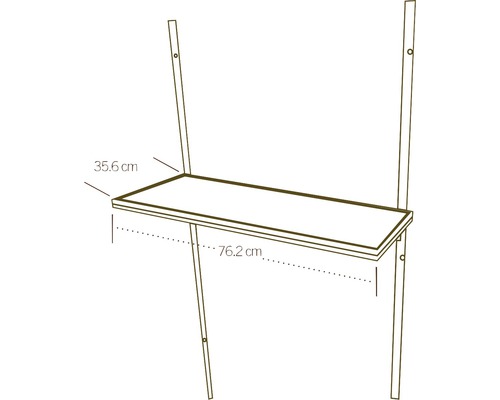 Sklopný nástěnný stolek o rozměrech 35,6 cm hloubka a 76,2 cm šířka.