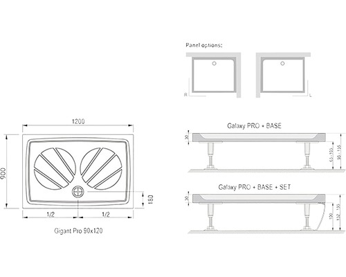 Technický nákres sprchové vaničky Gigant Pro 90x120 s rozměry a možnostmi montáže.