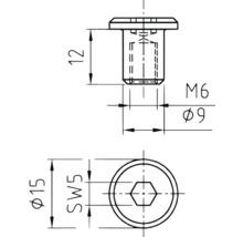 Technický nákres šroubu o rozměrech průměr 15 milimetrů, šířka klíče 5, délka závitu 12 milimetrů, závit M6 a průměr 9 milimetrů.