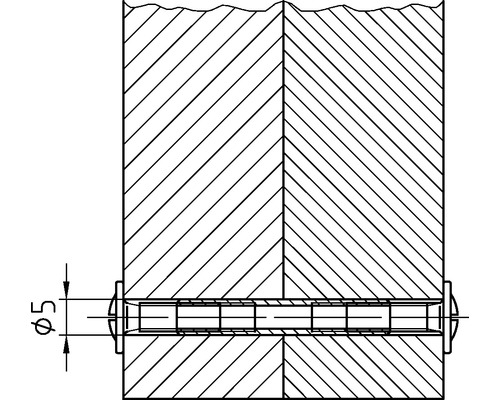 Výkres dřevěné hmoždinky o průměru pět milimetrů mezi dvěma kusy dřeva.