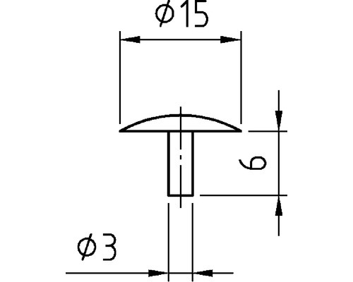 Technický výkres kolíkového nýtu o rozměrech 15 milimetrů průměr hlavy, 3 milimetry průměr dříku a 9 milimetrů délka dříku