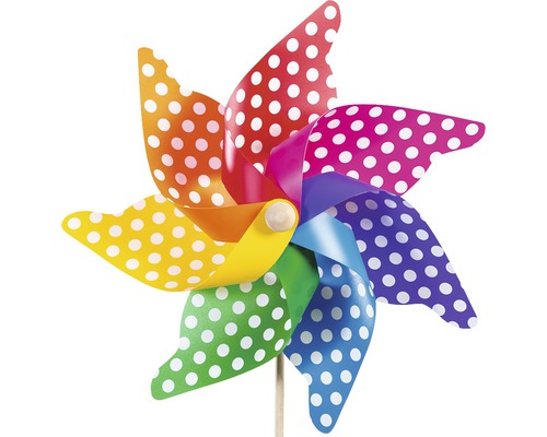 Větrník s barevnými křídly a bílými tečkami