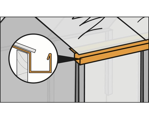 Ilustrace skleníku s detailním pohledem na okap
