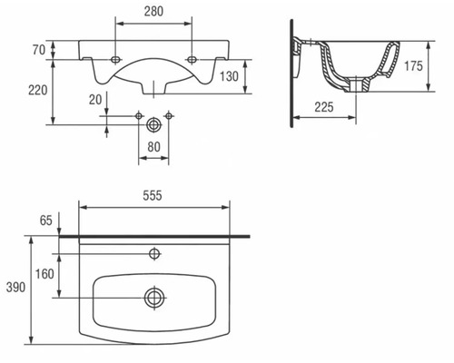 Technický nákres umyvadla s rozměry.