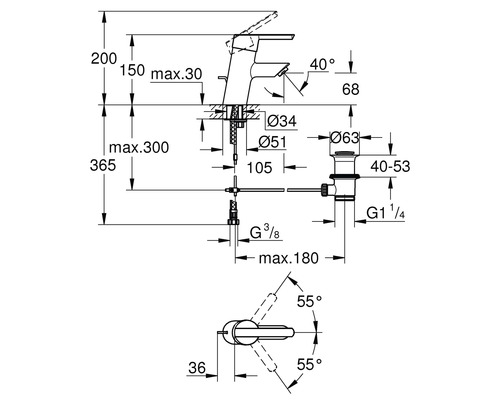 Technický výkres vodovodní baterie s rozměry