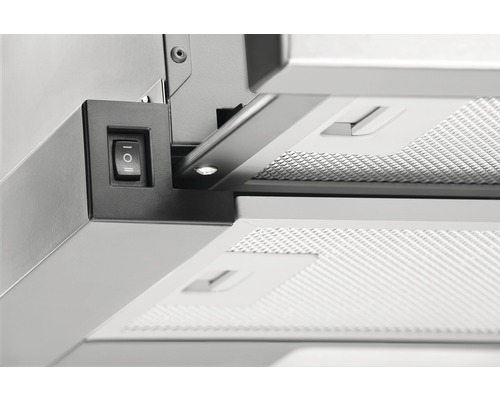 Detailní pohled na digestoř s vypínačem a LED osvětlením
