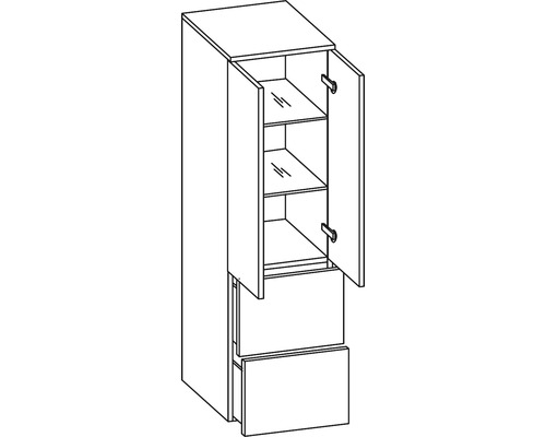 Vysoká skříň se dvěma zásuvkami a otevřenými dveřmi se třemi přihrádkami