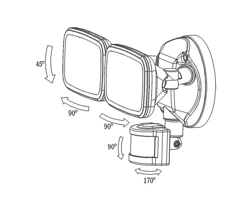 Technický nákres otočného venkovního světla s detektorem pohybu a nastavitelnými úhly svícení.