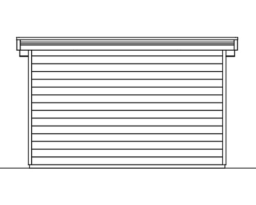 Ilustrace zahradní chatky s horizontálním dřevěným obkladem