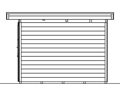 Ilustrace zahradního domku s dřevěnými stěnami a střechou