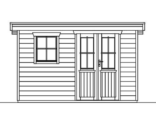 Ilustrace zahradního domku s oknem a dvoukřídlými dveřmi