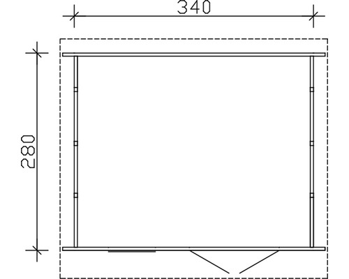 Technický nákres zahradního domku s rozměry 340 a 280.