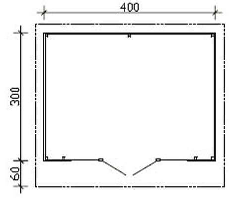 Technický nákres zahradního domku s rozměry 400 x 300 centimetrů