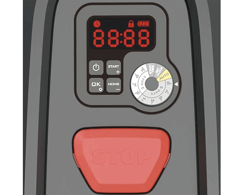 Ovládací panel robotické sekačky s digitálním displejem, tlačítkem start, tlačítkem stop a nastavením času