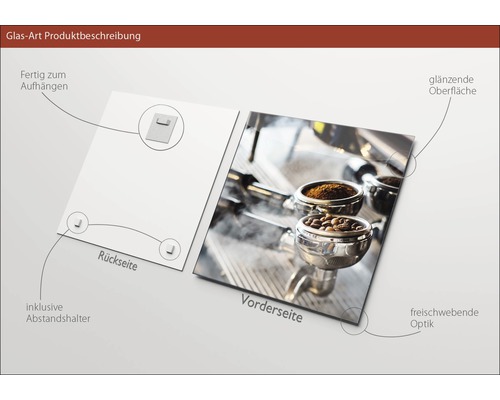 Popis produktu skleněný obraz se závěsným zařízením, distančními držáky, lesklým povrchem a volně plovoucím vzhledem