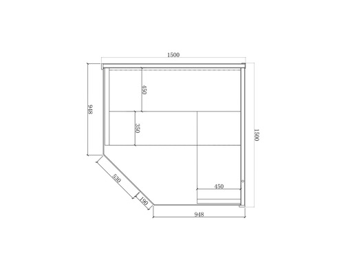 Technický nákres rohové skříně s rozměry