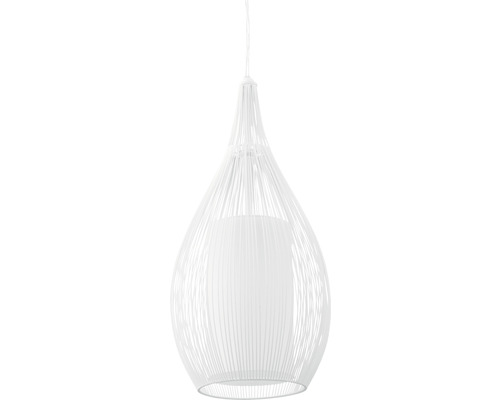 Bílá závěsná lampa s drátěným stínidlem a látkovým difuzorem