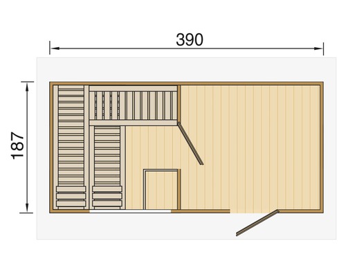 Půdorys sauny o rozměrech 390 x 187 cm