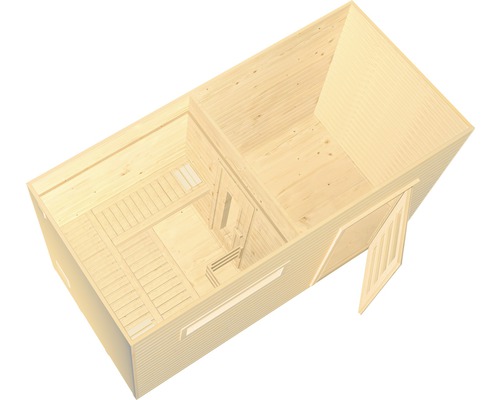 Vnitřní pohled na dřevěnou zahradní saunu s lavicemi a dveřmi