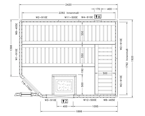 Technický nákres sauny s rozměry
