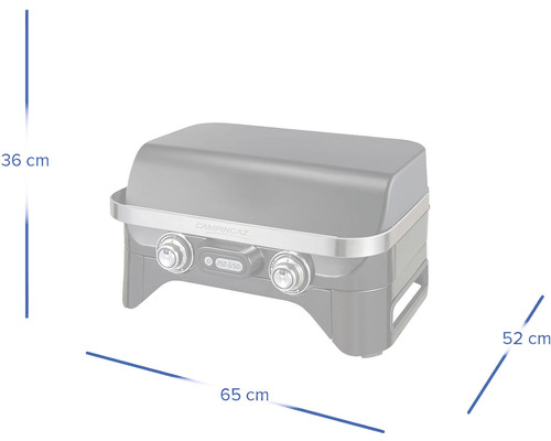 Plynový gril Campingaz o rozměrech 36 cm výška, 65 cm šířka a 52 cm hloubka.