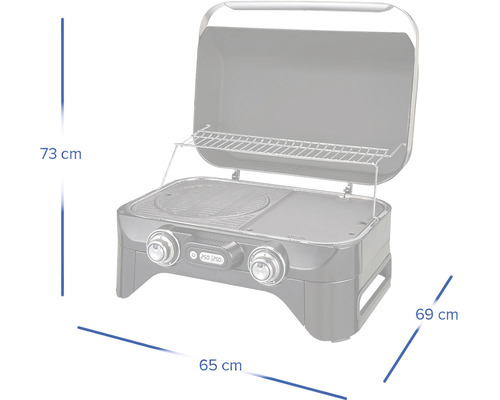Plynový gril o rozměrech 73 cm výška, 65 cm šířka a 69 cm hloubka.