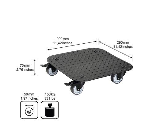 Pojízdná deska o rozměrech 290 mm x 290 mm a maximální nosnosti 150 kg