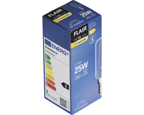 Balení žárovky Flair LED T25 E14 s 2,1 W, 25 W, 250 lumenů, nestmívatelná a energetické třídy E