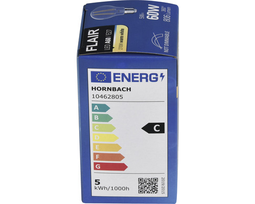 Balení LED žárovky Flair A60 E27 s 5 watty, ekvivalent 60 wattů, 2700 kelvinů teplá bílá a třída energetické účinnosti C