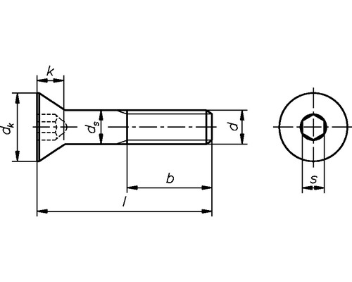Technický nákres zápustného šroubu s vnitřním šestihranem