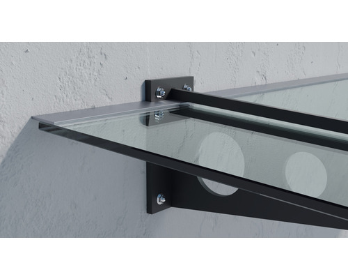 Skleněný baldachýn s kovovou konzolou namontovanou na zdi