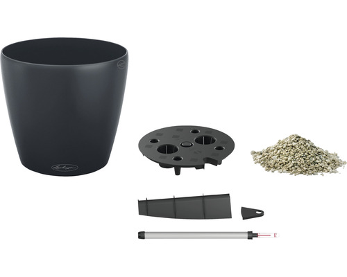 Komponenty květináče se zavlažovacím systémem, skládající se z květináče, vložky, substrátu, ukazatele hladiny vody a plnicí šachty