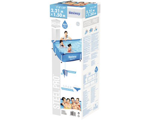 Balení bazénu Bestway Steel Pro s informacemi o velikosti a objemu
