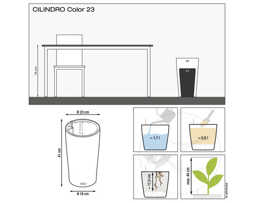 Nákres květináče Cilindro Color 23 s rozměry a objemy náplně
