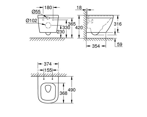 Technický nákres závěsného WC s rozměry