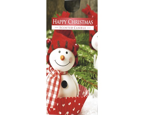 Vonná svíčka Happy Christmas ve sněhu s motivem sněhuláka