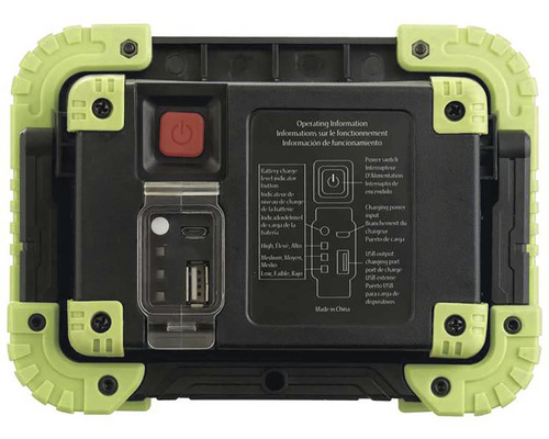 Zadní strana pracovního světla s vypínačem, nabíjecím portem a USB portem