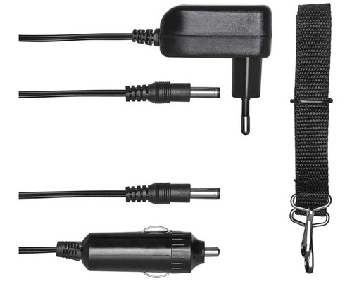 Nabíječka s napájecím adaptérem, adaptérem do auta a popruhem